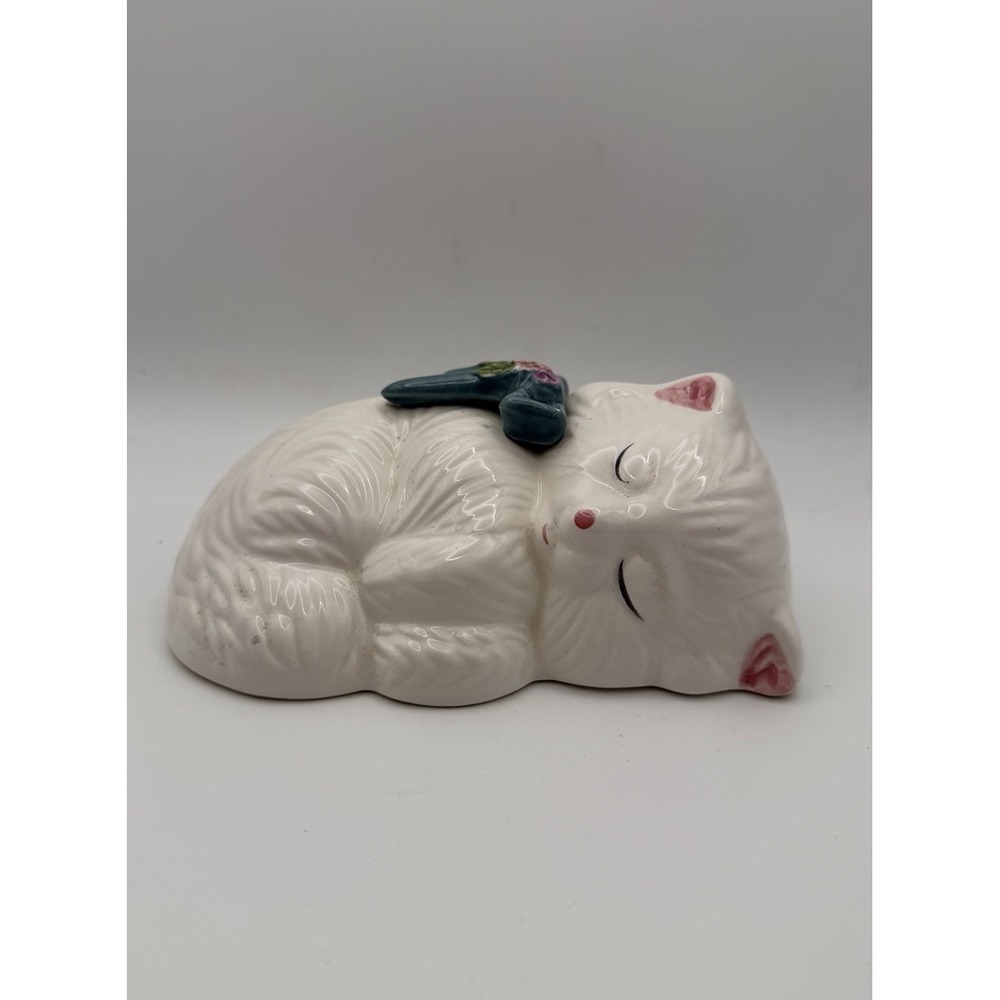 Vintage Taiwan Ceramic Sleeping Cat Figurine Floral Bow Grandmacore Kitsch Decor